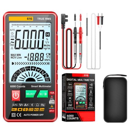 Multimetru smart digital, NUODWELL, Masoara curent DC/AC, Voltaj, Temperatura, Capacitate, Dioda, Rezistenta, Test Frecventa, NCV, Cu lanterna cu iluminare din spate si geanta de depozitare, 13.7 x 6.8 x 1.4cm, Rosu Negru