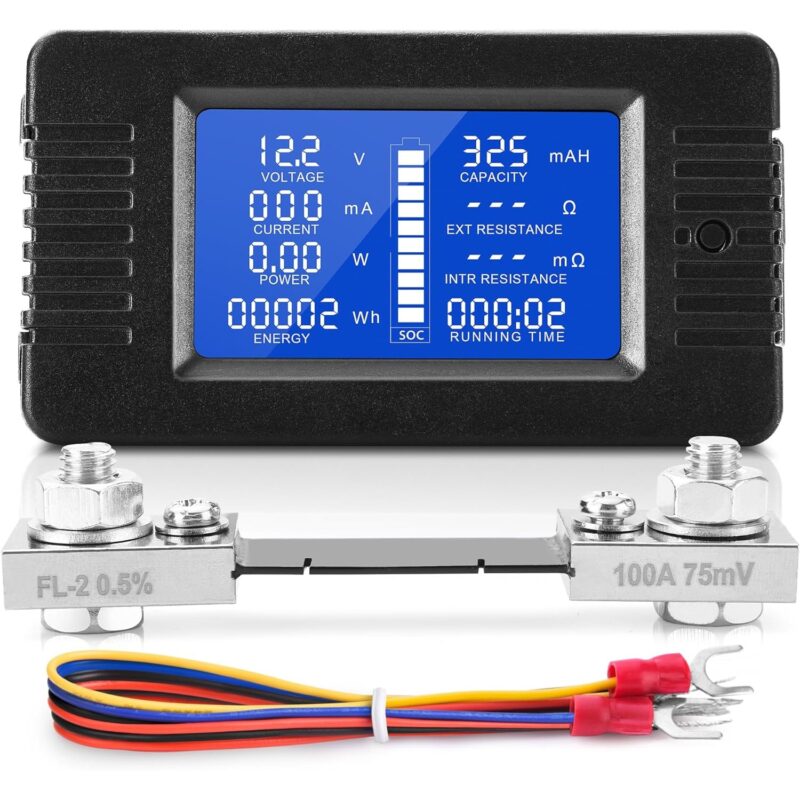 Wattmetru digital de panou, cu Voltmetru, Ampermetru, cu Shunt si fire de conectare, DC 0-200V si 100A, negru