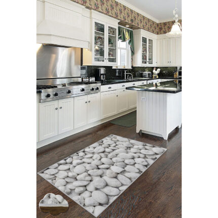 Covor de bucatarie Stones Oyo Home, 80x200 cm, poliester, print digital, spate antiderapant, alb/gri