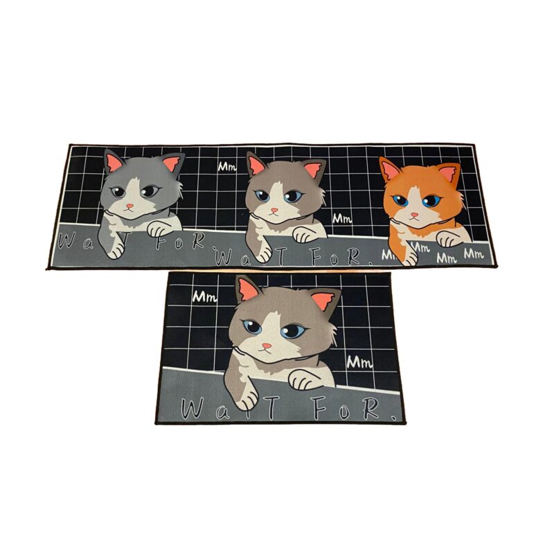 Set 2 Covorase de Casa Antiderapante, Substrat Absorbant, Dreptunghiulare, 120x40 cm si 60x40 cm, model pisicute "wait for", negru si gri