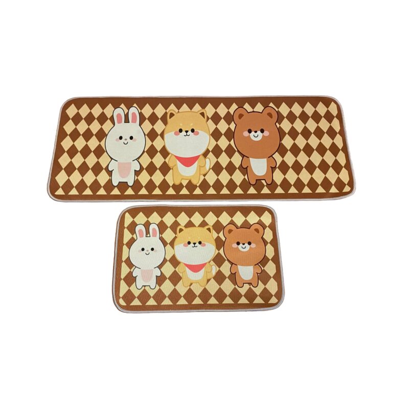 Set 2 Covorase de Casa Antiderapante, Substrat Absorbant, Dreptunghiulare, 120x50 cm si 60x40 cm, model animalute de padure, crem