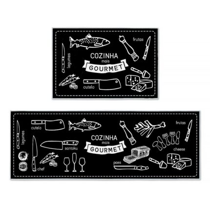 Set 2 covoare bucatarie, poliester, negru, 40x60cm+40x120cm
