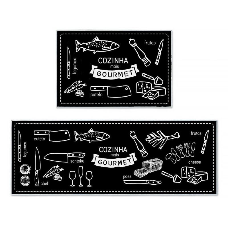 Set 2 covoare bucatarie, poliester, negru, 40x60cm+40x120cm