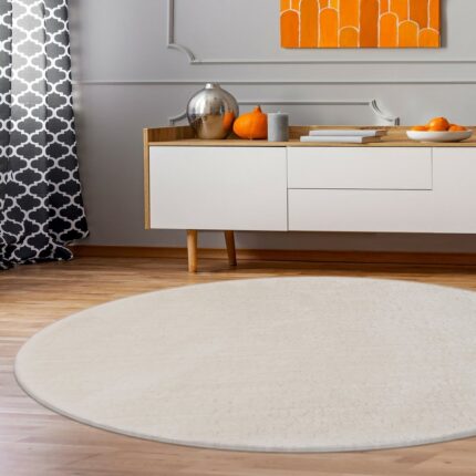 Covor fir scurt Puff Oyo Concept, diametru 100 cm, inaltime fir 2.5 cm, 1250 GSM, poliester, spate antiderapant, crem