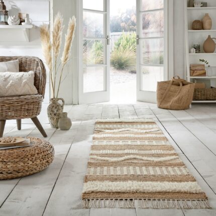 Covor traversa Flair Rugs Medina Jute, 60 x 230 cm, 2000 g/m², 60% Iuta, 26% Lana, 10% Bumbac, 3% Poliester, 1% Nailon, Crem / Ivoar