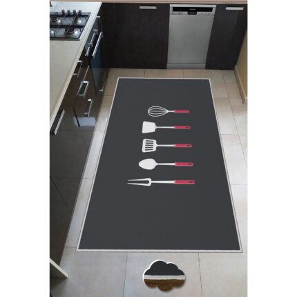 Covor de bucatarie Utensils Oyo Home, 100x150 cm, poliester, print digital, spate antiderapant
