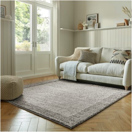 Covor dreptunghiular Flair Rugs Bobble Wool Border, 160 x 230 cm, 2000 g/m², 78% Lana, 22% Poliester, Negru / Alb