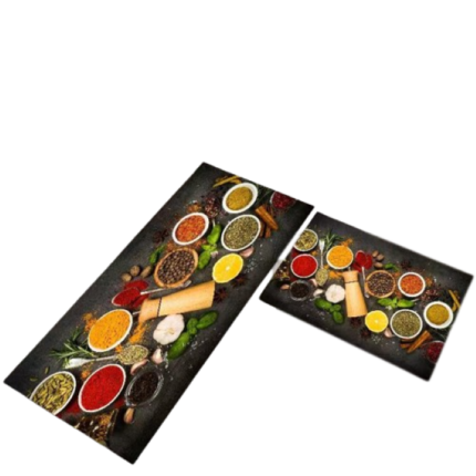 Set 2 covoare de Bucatarie, Antiderapant, Condimente si Rasnita, 50x60cm, 50x120cm, Multicolor