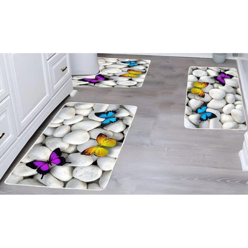 Set 3 covoare de Baie, Antiderapant, imprimeu Fluturi, 50x60cm, 50x80cm, 60x100cm