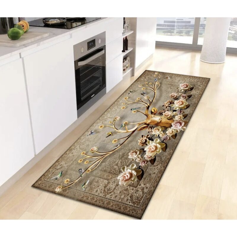 Covor 3D de bucatarie, pentru camera, Roneberg, Cerb cu Motiv Floral, Antiderapant, 50x160 cm, Maro