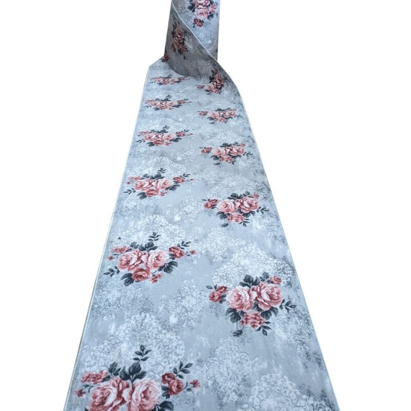 Traversa Antiderapanta cu Motiv Floral, Gri cu Rose, Poliester, 80 x 400 cm