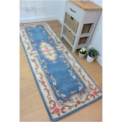 Covor traversa Flair Rugs Aubusson, 67 x 210 cm, 3500 g/m², 100% Lana, Albastru