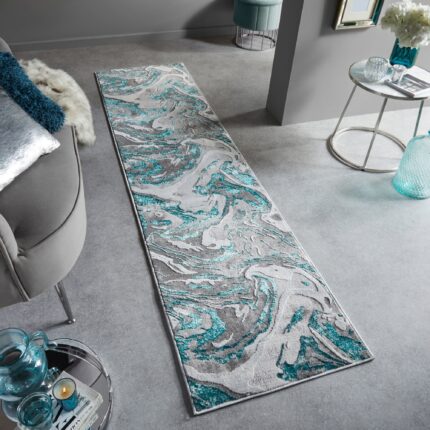 Covor traversa Flair Rugs Marbled, 60 x 230 cm, 2600 g/m², 60% Polipropilena, 40% Poliester, Gri / Albastru