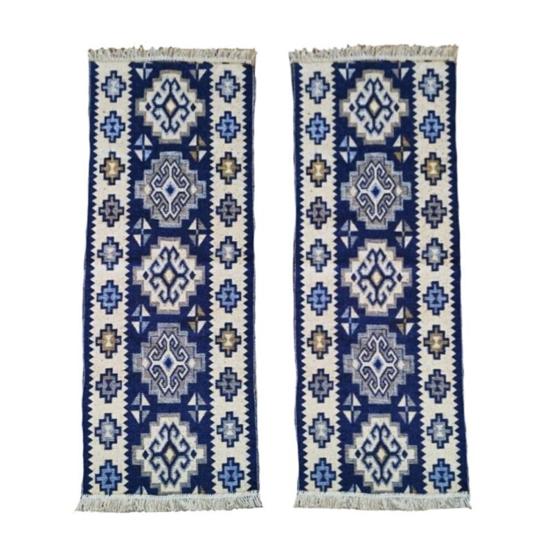 Set 2 Covoare traditionale, albastru si crem, model rustic, dimensiune 60x300 cm