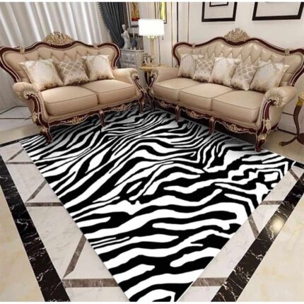 Covor cu Print Digital din Poliester, Antiderapant, 150 x 200 cm, Alb cu Negru