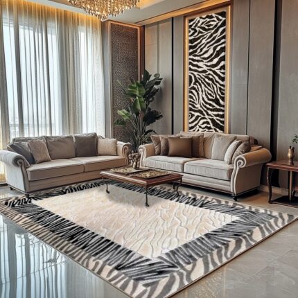 Covor, Elegance, Zebra, Gri/Crem, Living, Dormitor, Antiderapant, 80 x 150 cm