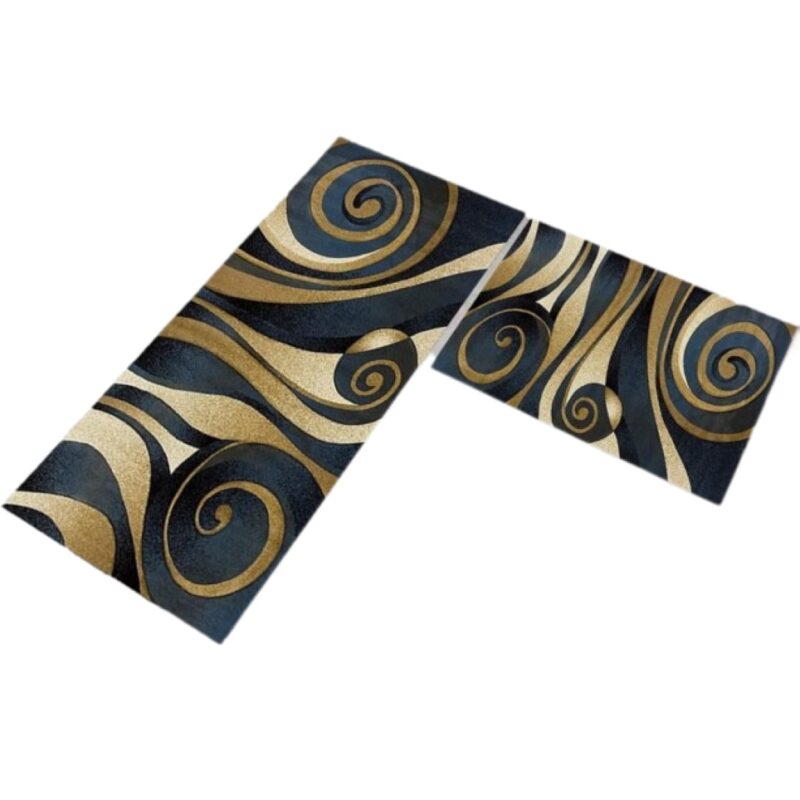 Set 2 covoare de Bucatarie, Antiderapant, imprimeu Abstract Negru-Bej, 50x60cm, 50x120cm