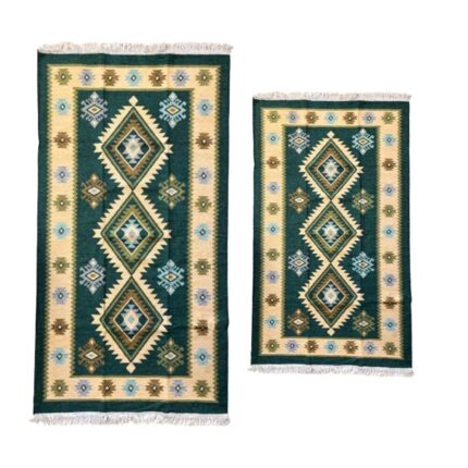 Set 2 Covoare Rustice cu doua fete, dimensiuni 120x180 cm + 60x120 cm, verde-bej