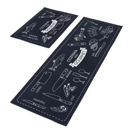 Set 2 Covoare de Bucatarie, Kaypsre, 40 x 60 cm/40 x 120 cm, Textil, Negru/Alb
