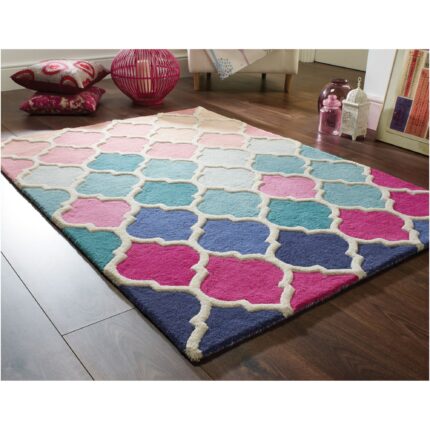 Covor dreptunghiular Flair Rugs Rosella, 80 x 150 cm, 3200 g/m², 100% Lana, Roz / Albastru