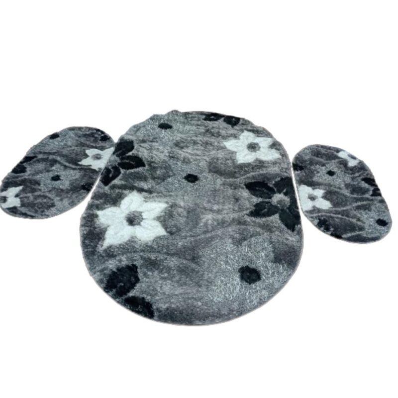 Set covor matase 3 pese, gri oval flori, 200 x 140 cm si 60 x 100 cm cele doua