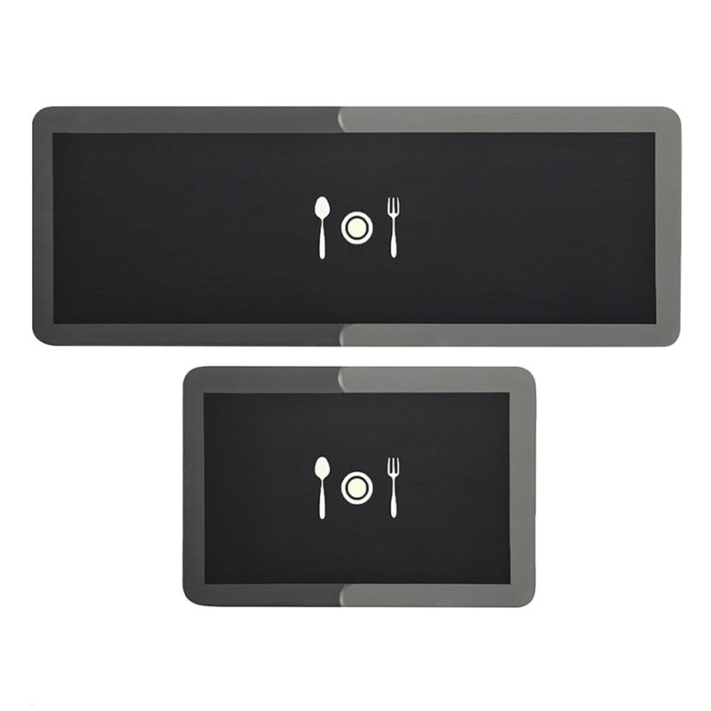 Set 2 x Covoare De Bucatarie Antiaderente EDAR, Model Ustensile, Usor de Curatat, Absorbante, Gri Inchis, Dimensiuni 59.5 X 40.5 cm, 119 X 40 cm