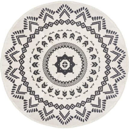 Covor rotund cu franjuri, Bumac, 120 cm, Alb/Negru