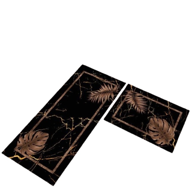 Set 2 covoare de Bucatarie, imprimeu Frunze, Antiderapant, 50x60cm, 50x120cm, Multicolor