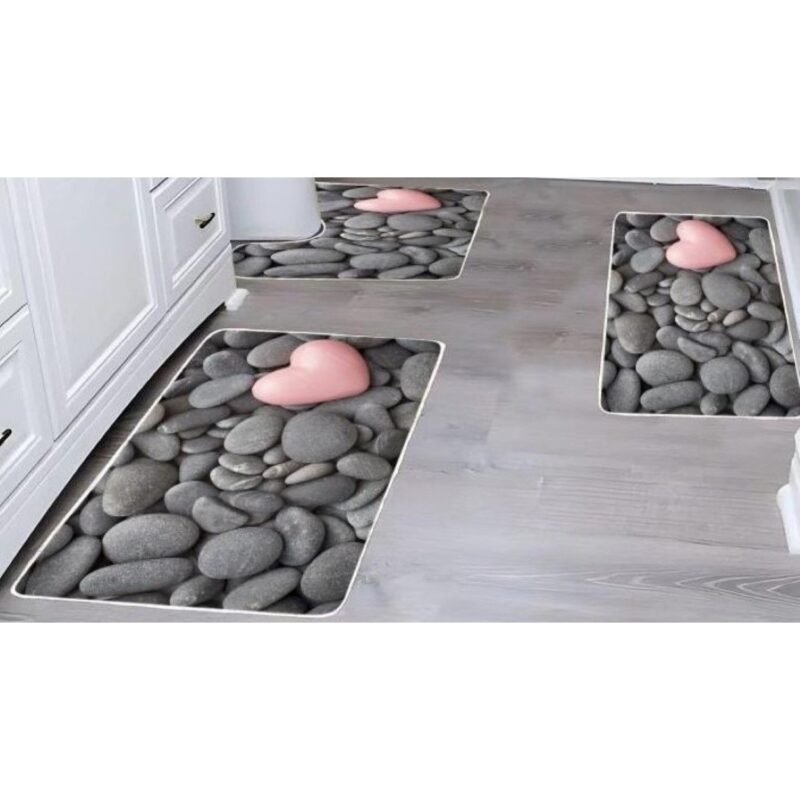 Set 3 covoare de Baie, Antiderapant, imprimeu Inimioara, 50x60cm, 50x80cm, 60x100cm