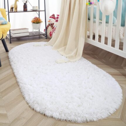 Covor oval pufos pentru dormitor, set, gri si alb, 80x160cm