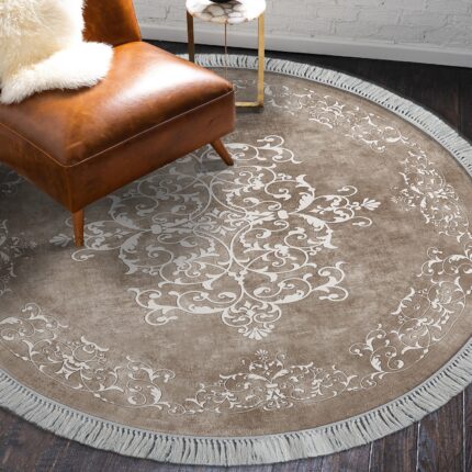 Covor Asi Home Oriental Round, 100 x 100cm, Poliester, Bej, Alb