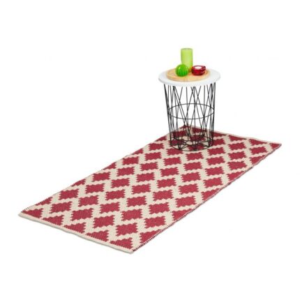 Covor lucrat manual din bumbac, dimensiuni 70 x 140, bej/rosu, Relaxdays