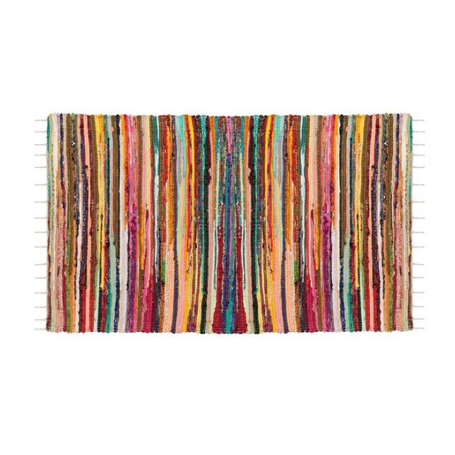 Covoras decorativ tip traversa, tema traditionala, model carpe bumbac tesute, rustic, dungi colorate, 120 x 90 cm