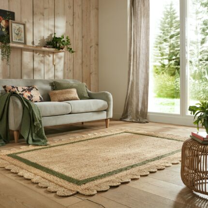 Covor dreptunghiular Flair Rugs Grace, 120 x 170 cm, 3000 g/m², 100% Iuta, Crem / Verde