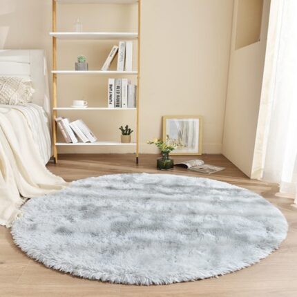 Covor moale de plus, Rotund, Gri deschis, 150 cm, Pufos, Fir lung