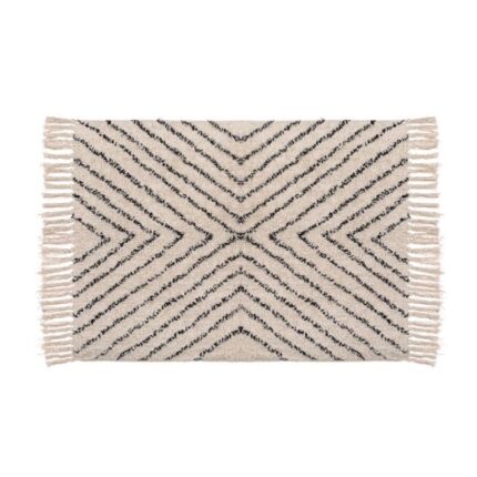 Covoras decorativ tip traversa, tema traditionala, model geometric, rustic, din bumbac, cu franjuri, bej cu negru, 90x60 cm