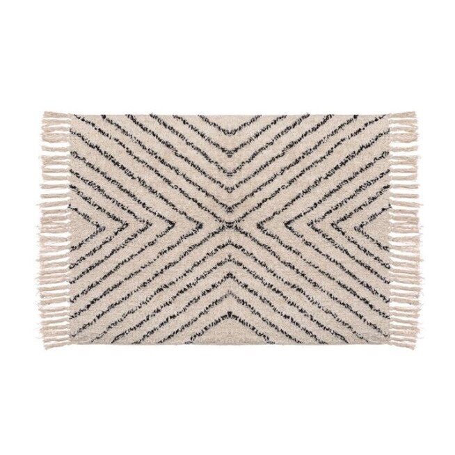 Covoras decorativ tip traversa, tema traditionala, model geometric, rustic, din bumbac, cu franjuri, bej cu negru, 90x60 cm