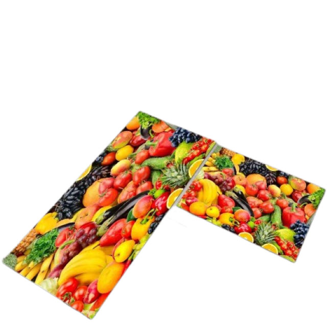 Set 2 covoare de Bucatarie, Antiderapant, imprimeu Fructe si Legume, 50x60cm, 50x120cm, Multicolor