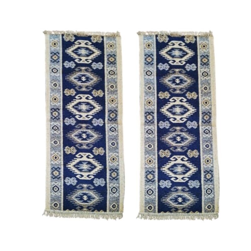 Set 2 Covoare traditionale, albastru si crem, model hora, dimensiune 60x300 cm