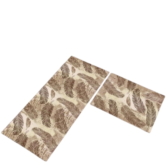 Set 2 covoare de Bucatarie, imprimeu Pene, Antiderapant, 50x60cm, 50x120cm, Multicolor
