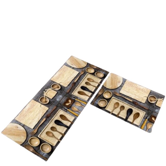 Set 2 covoare de Bucatarie, imprimeu Linguri, Antiderapant, 50x60cm, 50x120cm, Multicolor