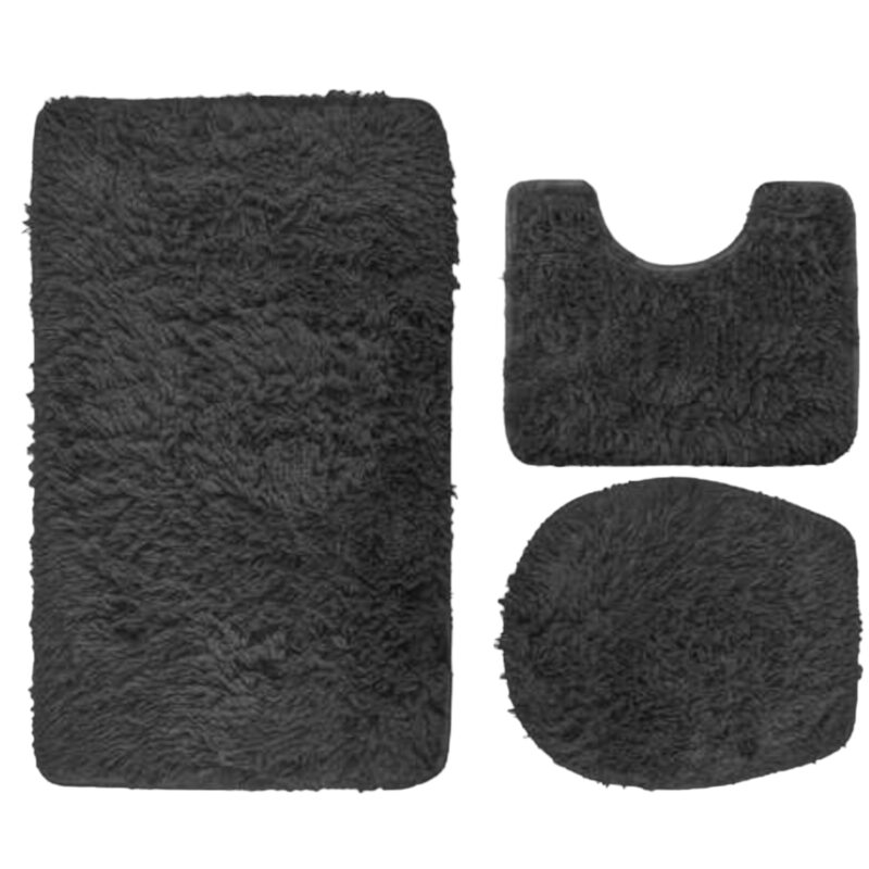 Covoare Baie, Ruhhy, Set 3 Bucati, Decupat, Capac, Culoare Gri, Material Moale, Fond Antialunecare