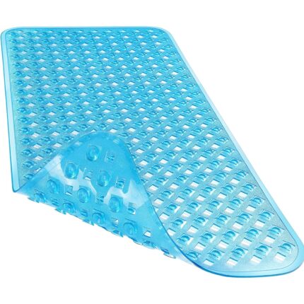Covoras antiderapant pentru cada, Oricean, 88x40 cm, PVC, cu ventuze si orificii de scurgere, lavabil la masina, albastru transparent