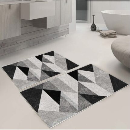 Set 2 covoare baie, gri/negru, dimensiune covor mare 60 x 90 cm, covor mic 40 x 60 cm