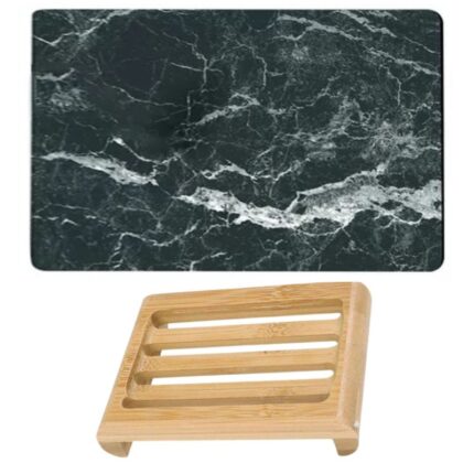 Covoras pentru baie Mercaton, ultra absorbant, anti-alunecare, material Diaton, Model Marmura Safir, Dark Grey, 40 x 60 cm si Sapuniera din lemn natural Bambus, anti-derapanta, 12.5 x 8 cm, Maro