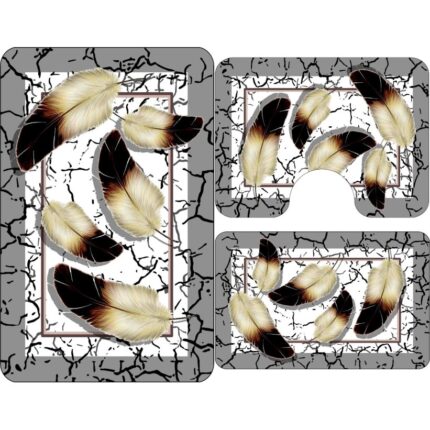 Set 3 covoare de Baie, imprimeu Pene, Antiderapant, 50x60cm, 50x80cm, 60x100cm, Multicolor