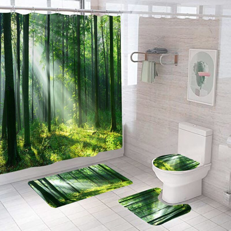 Set de 3 covorase si o perdea de dus, poliester, model padure, negru/verde, 42x37cm/45x40cm/75x45cm/180x200cm