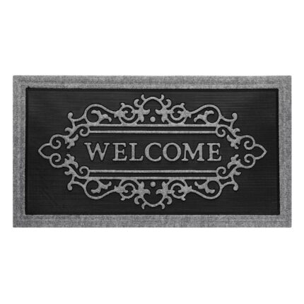 Covoras intrare, cu text "Welcome" model emblema gri, negru, textil, 50x90cm