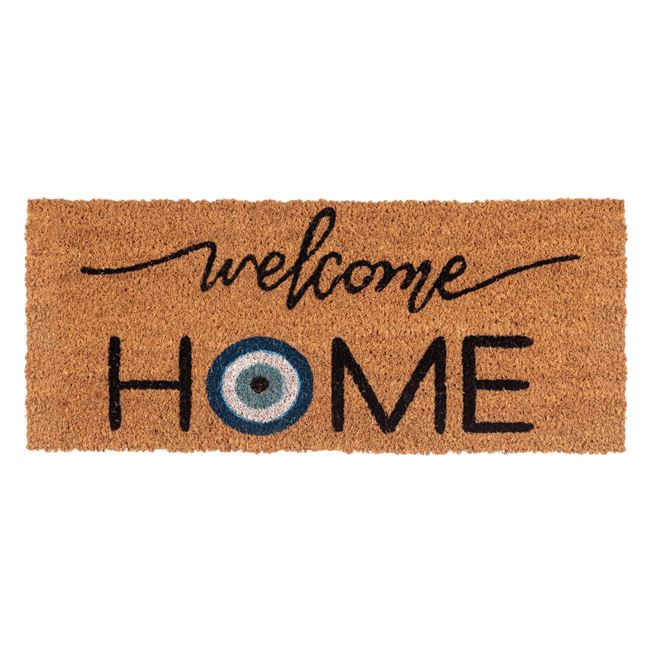 Covor intrare sau pentru trepte VENITIVO®, antiderapant, dreptunghiular, material fibra nuca de cocos si cauciuc, cu mesaj "Welcome Home", model cu ochi albastru, Lungime x Latime x grosime 60 x 25 x 2 cm