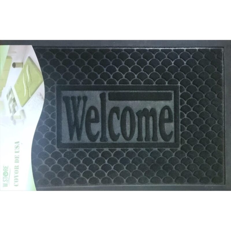 Covoras intrare absorbant antimurdarie, tip mocheta, usor de intretinut, pentru trafic intens, cu mesaj Welcome, antiderapant, 60 x 40 cm, negru